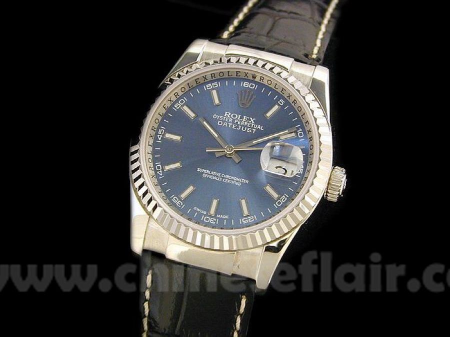 Rolex Datejust Black leather Watch: SS Blue - Buy Replica